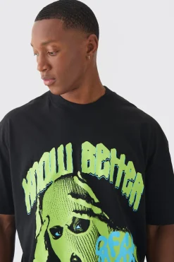 Boxy Extended Neck Raw Hem Large Know Better Mask Print T-shirt | UK^boohooMAN