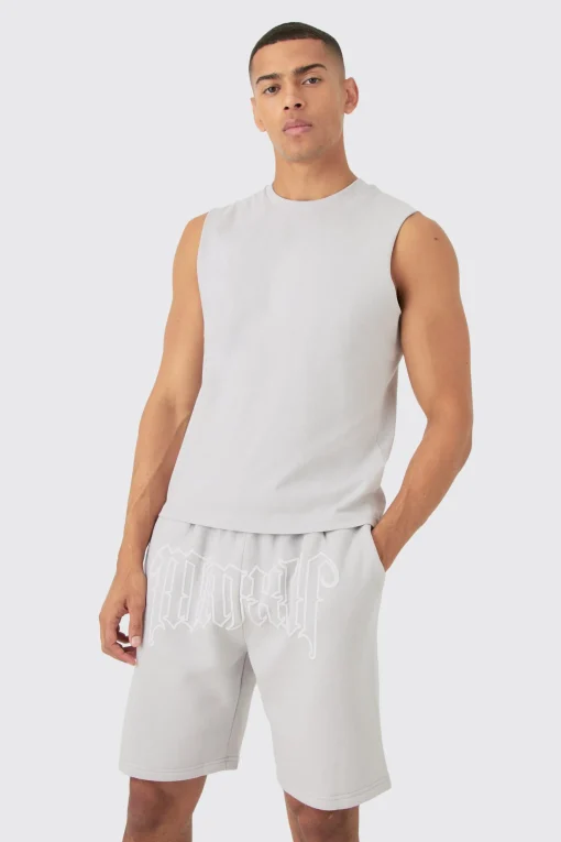 Boxy Fit Gothic Graphic Puff Print Tank & Short Set | UK^boohooMAN Clearance