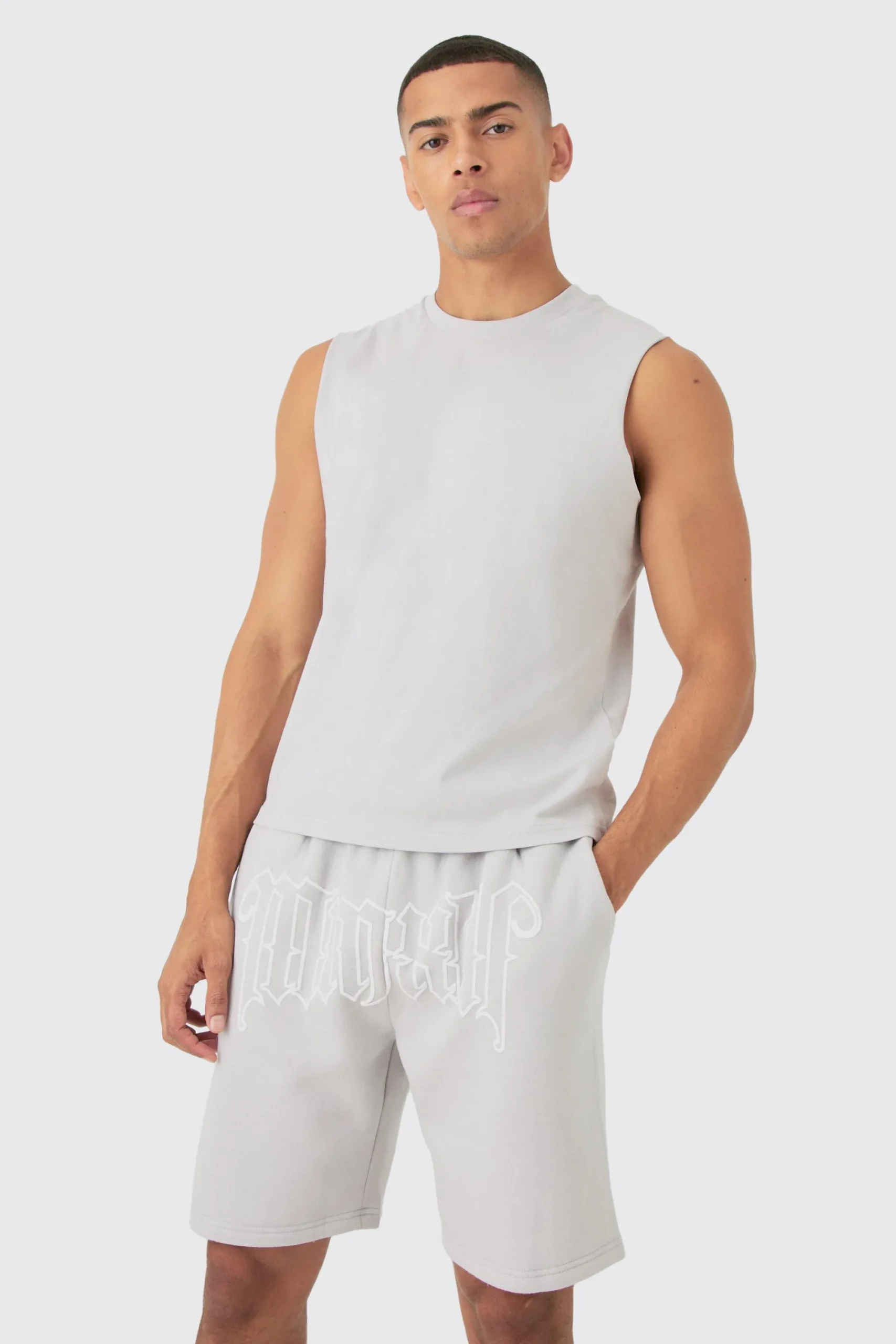 Boxy Fit Gothic Graphic Puff Print Tank & Short Set | UK^boohooMAN Clearance
