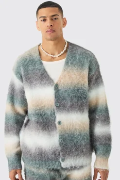 boohooMAN Boxy Fit Knitted Brushed Stripe Cardigan | UK| Knitwear