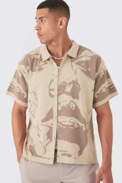 boohooMAN Boxy Fit Line Drawing Knitted Shirt | UK| Shirts|Knitwear
