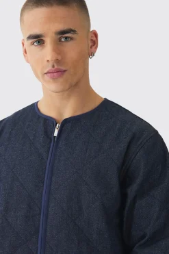 boohooMAN Boxy Fit Quilted Collarless Denim Jacket | UK| Coats & Jackets