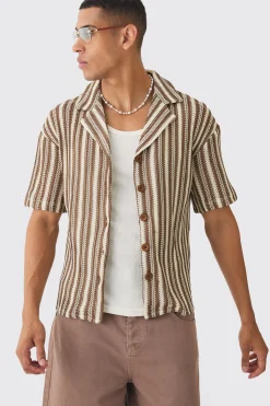 boohooMAN Boxy Fit Revere Open Weave Stripe Shirt | UK| Shirts