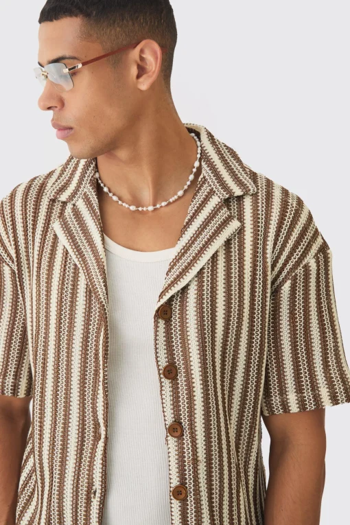 boohooMAN Boxy Fit Revere Open Weave Stripe Shirt | UK| Shirts