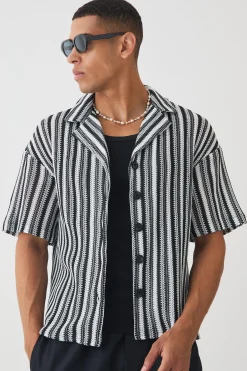 boohooMAN Boxy Fit Revere Open Weave Stripe Shirt | UK| Shirts