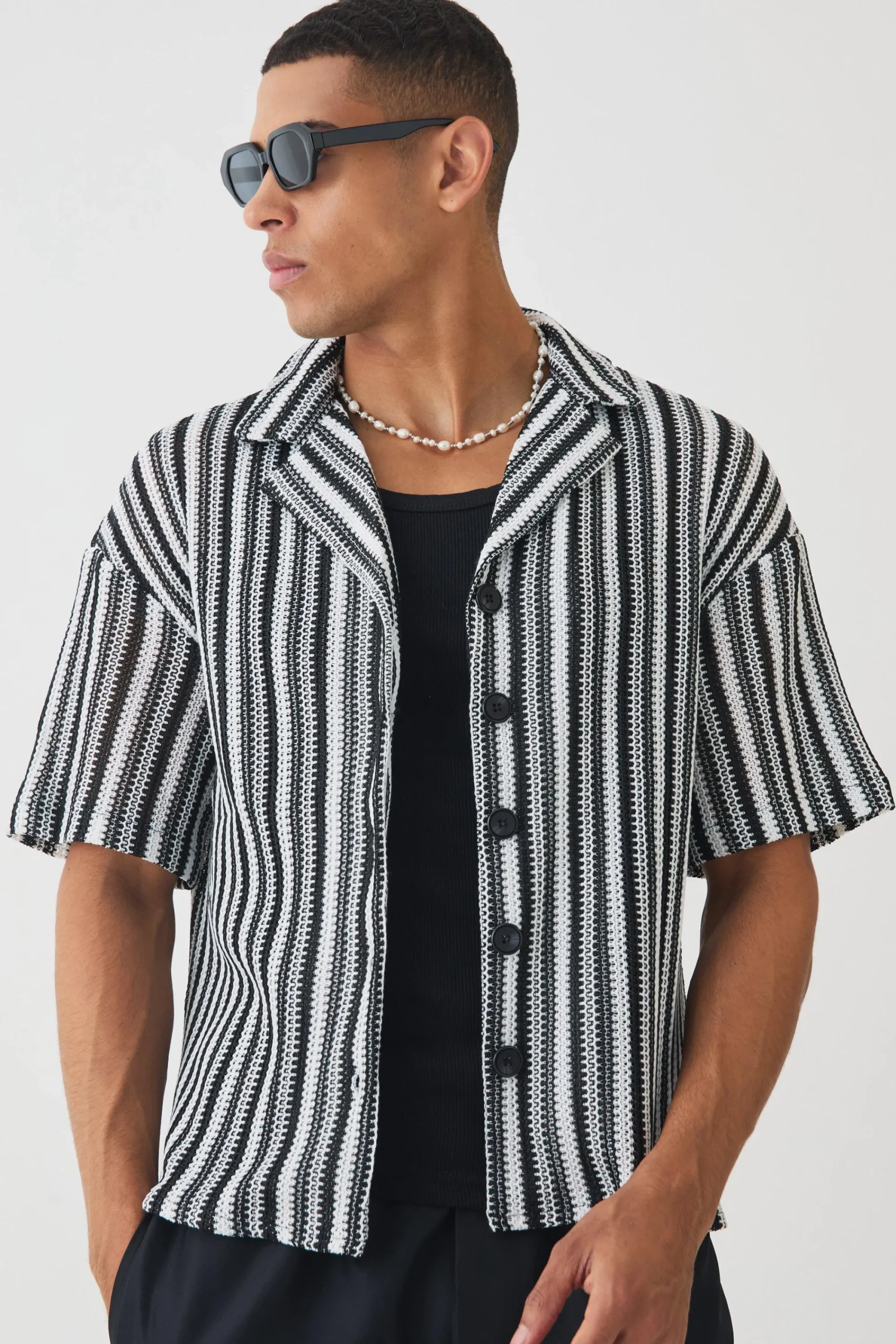 boohooMAN Boxy Fit Revere Open Weave Stripe Shirt | UK| Shirts