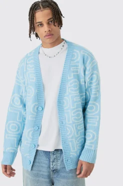 boohooMAN Boxy Fluffy Branded Knitted Cardigan In Blue | UK| Knitwear
