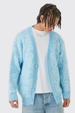 boohooMAN Boxy Fluffy Branded Knitted Cardigan In Blue | UK| Knitwear