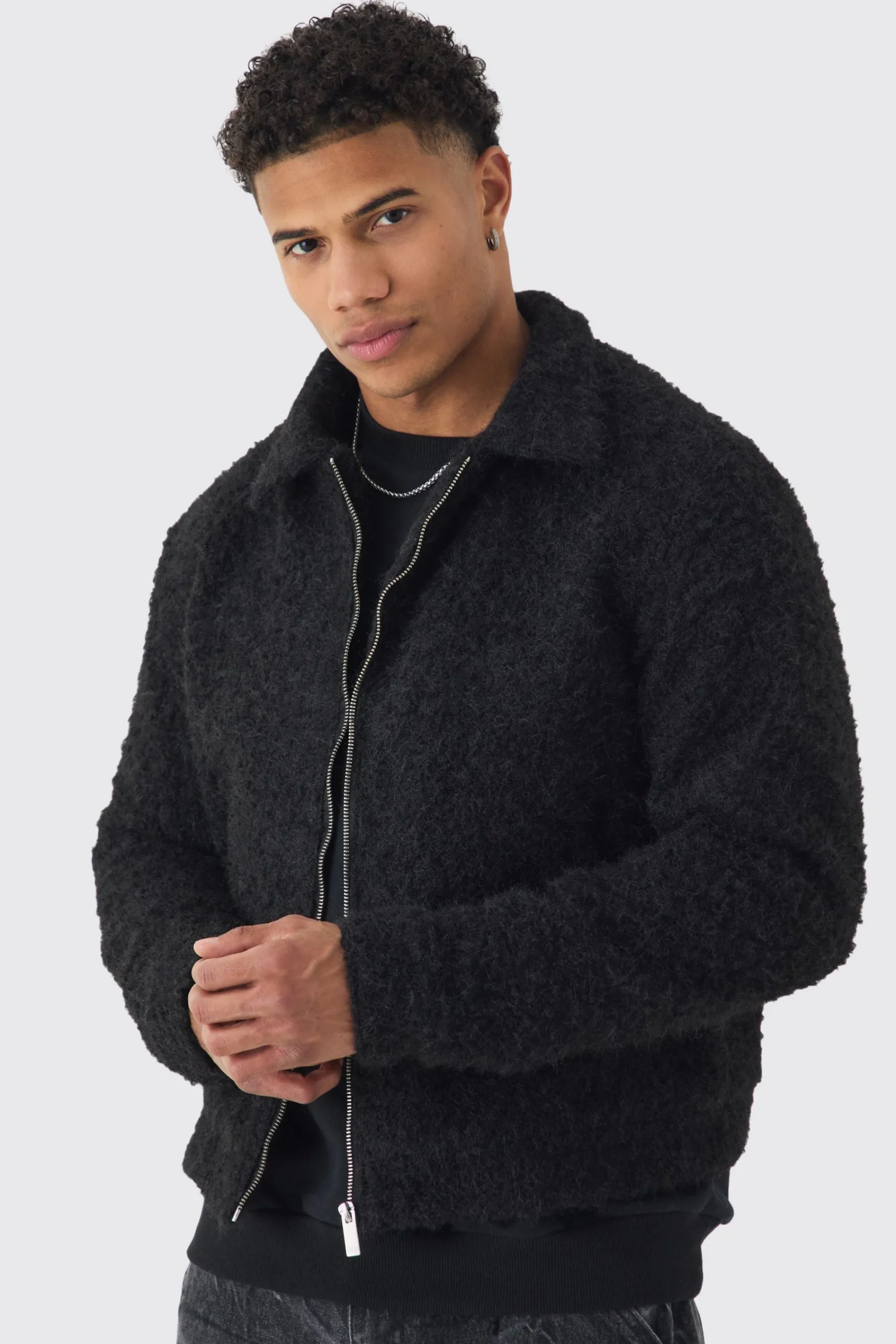 boohooMAN Boxy Fluffy Texture Harrington In | UK| Coats & Jackets