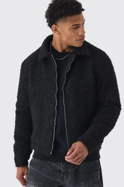 boohooMAN Boxy Fluffy Texture Harrington In | UK| Coats & Jackets
