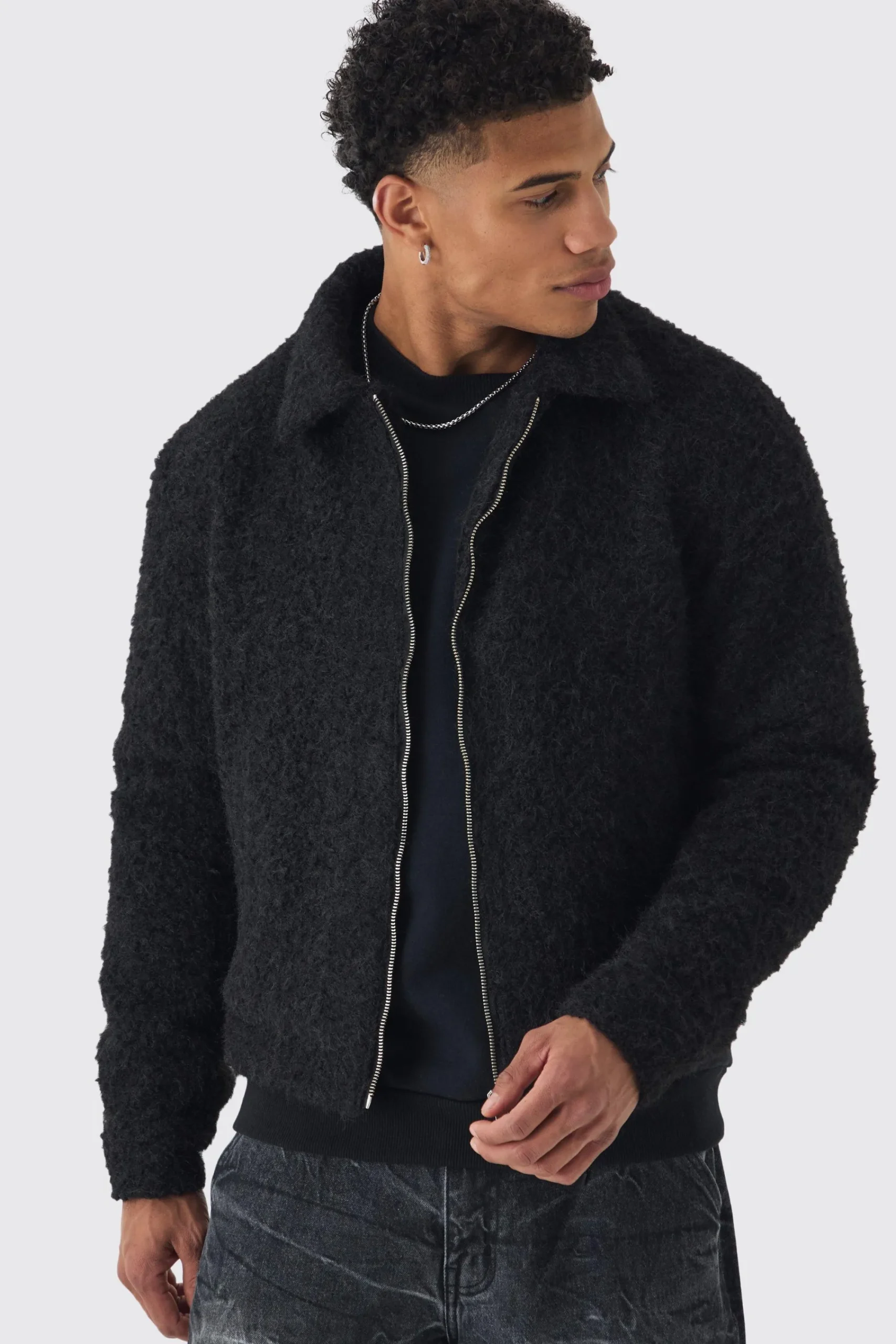 boohooMAN Boxy Fluffy Texture Harrington In | UK| Coats & Jackets