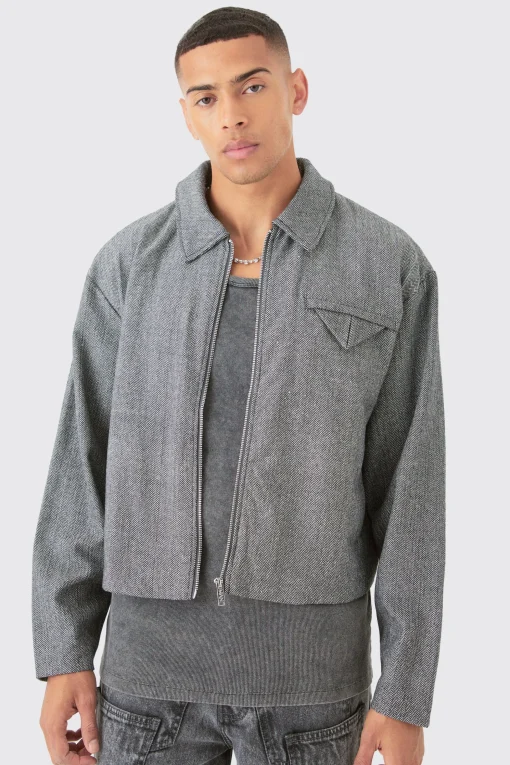 boohooMAN Boxy Herringbone Collared Jacket | UK| Coats & Jackets