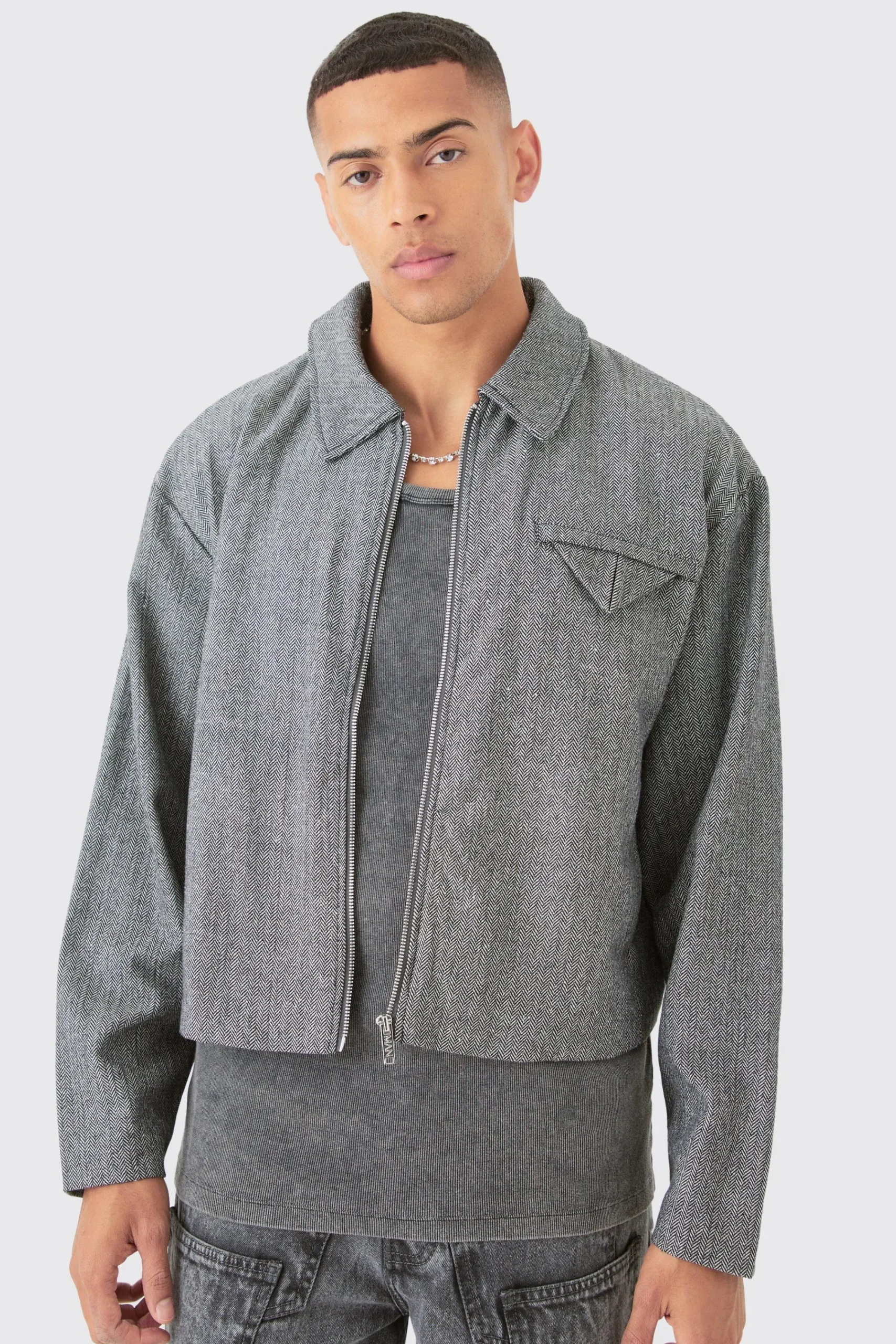 boohooMAN Boxy Herringbone Collared Jacket | UK| Coats & Jackets