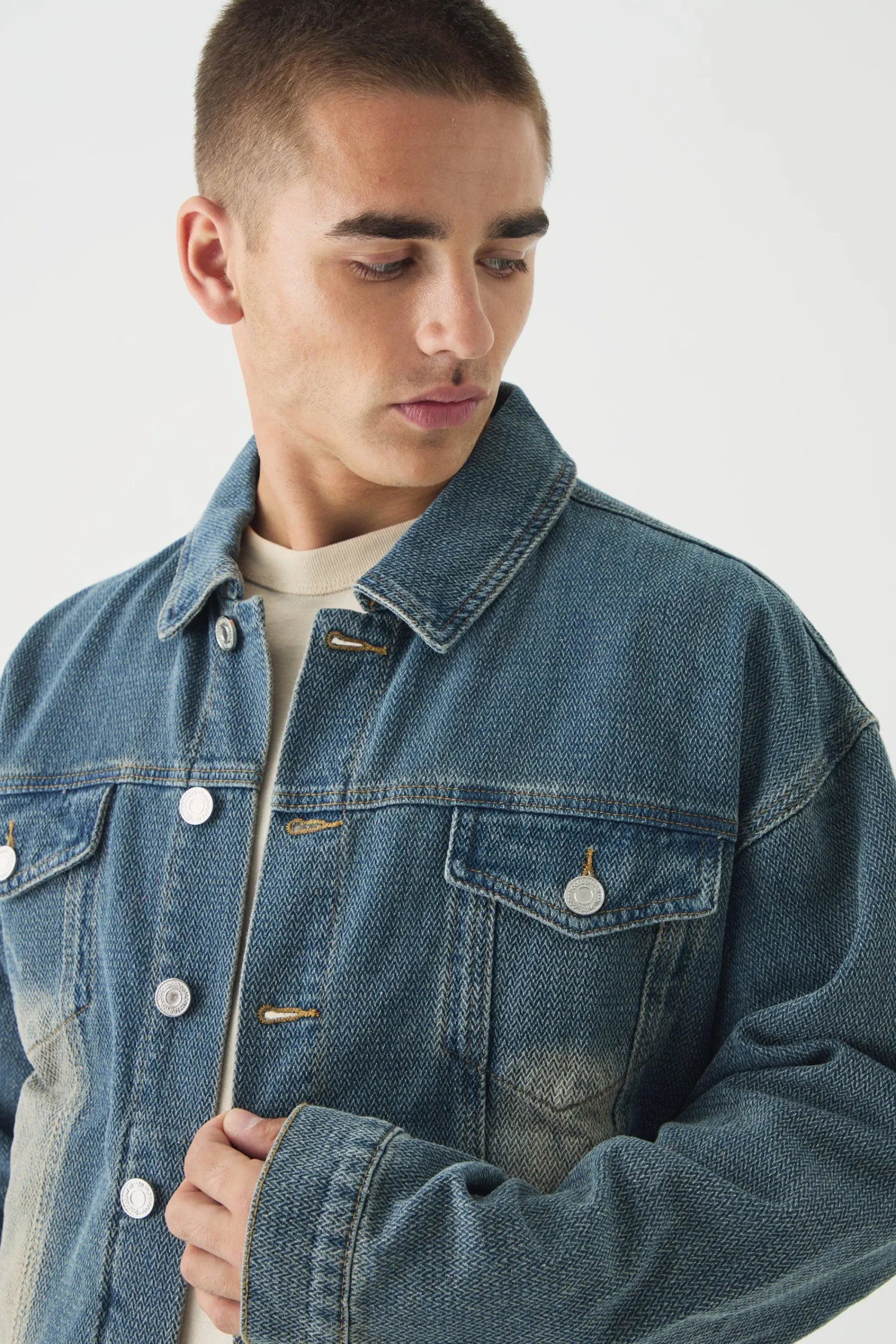 boohooMAN Boxy Herringbone Fabric Interest Denim Jacket | UK| Coats & Jackets