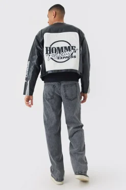 boohooMAN Boxy Homme Crochet Collarless PU Moto Jacket In | UK| Coats & Jackets