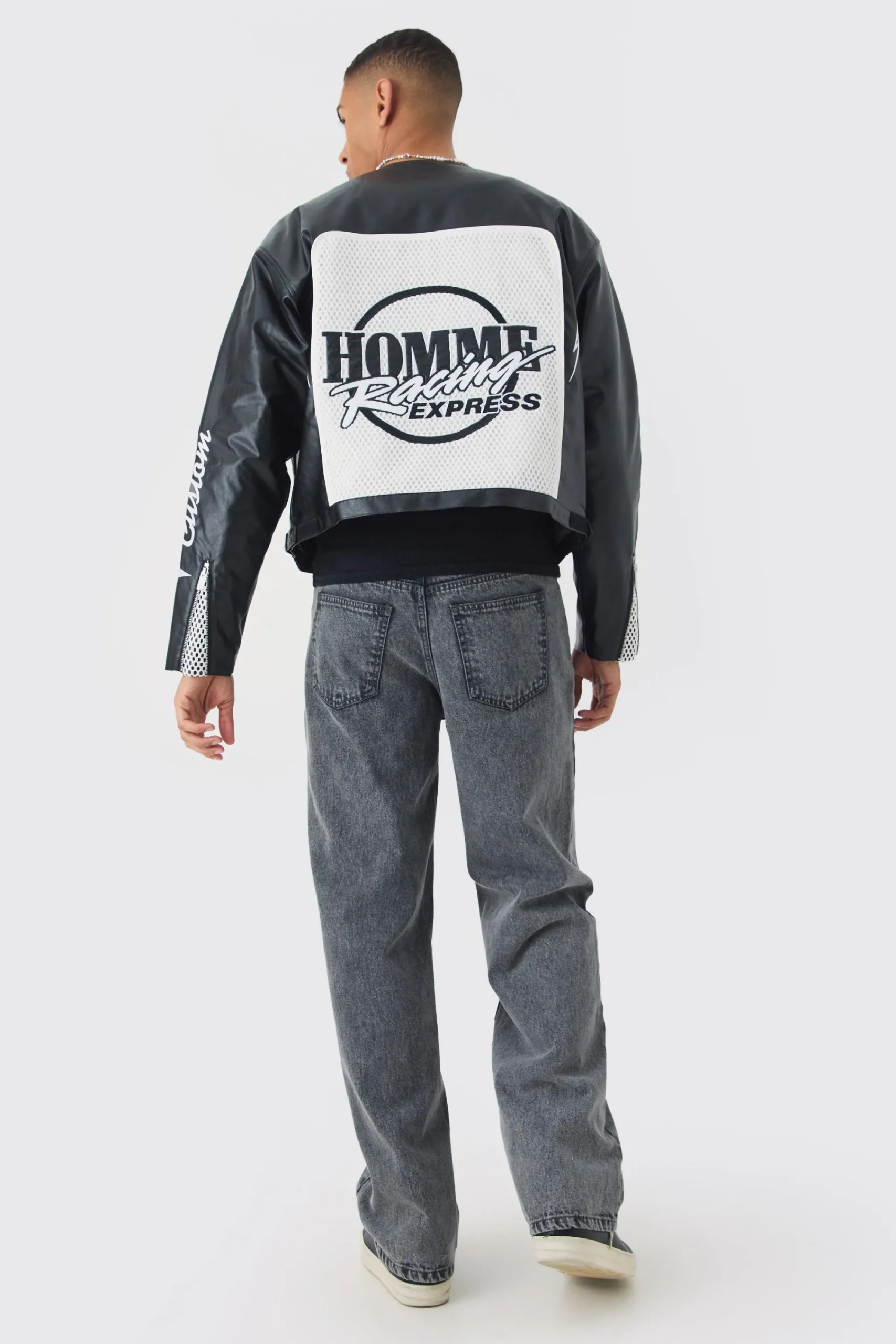 boohooMAN Boxy Homme Crochet Collarless PU Moto Jacket In | UK| Coats & Jackets