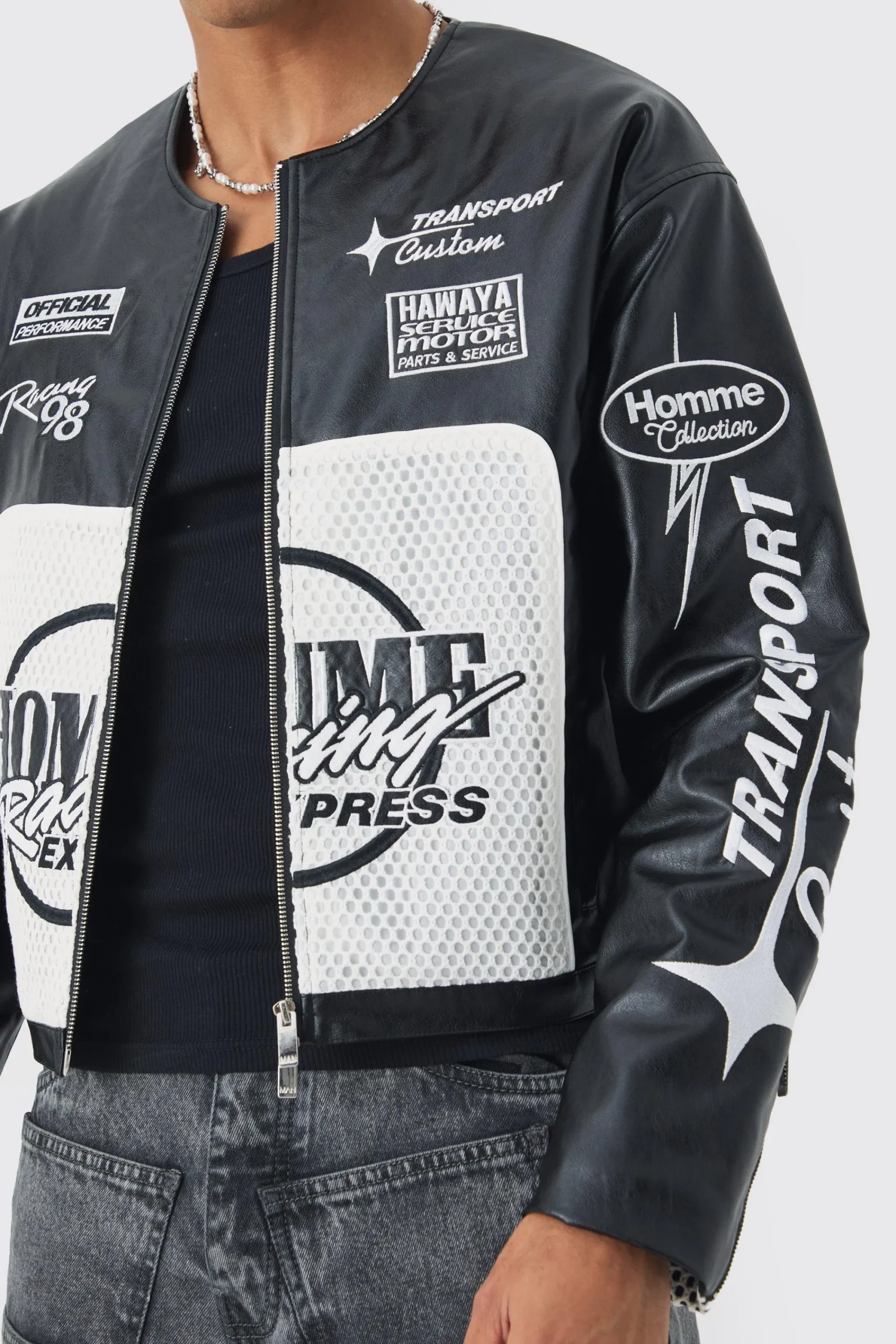 boohooMAN Boxy Homme Crochet Collarless PU Moto Jacket In | UK| Coats & Jackets