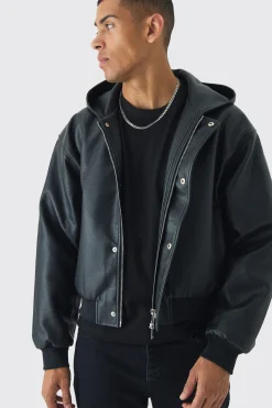 boohooMAN Boxy Hooded PU Bomber Jacket In | UK| Coats & Jackets
