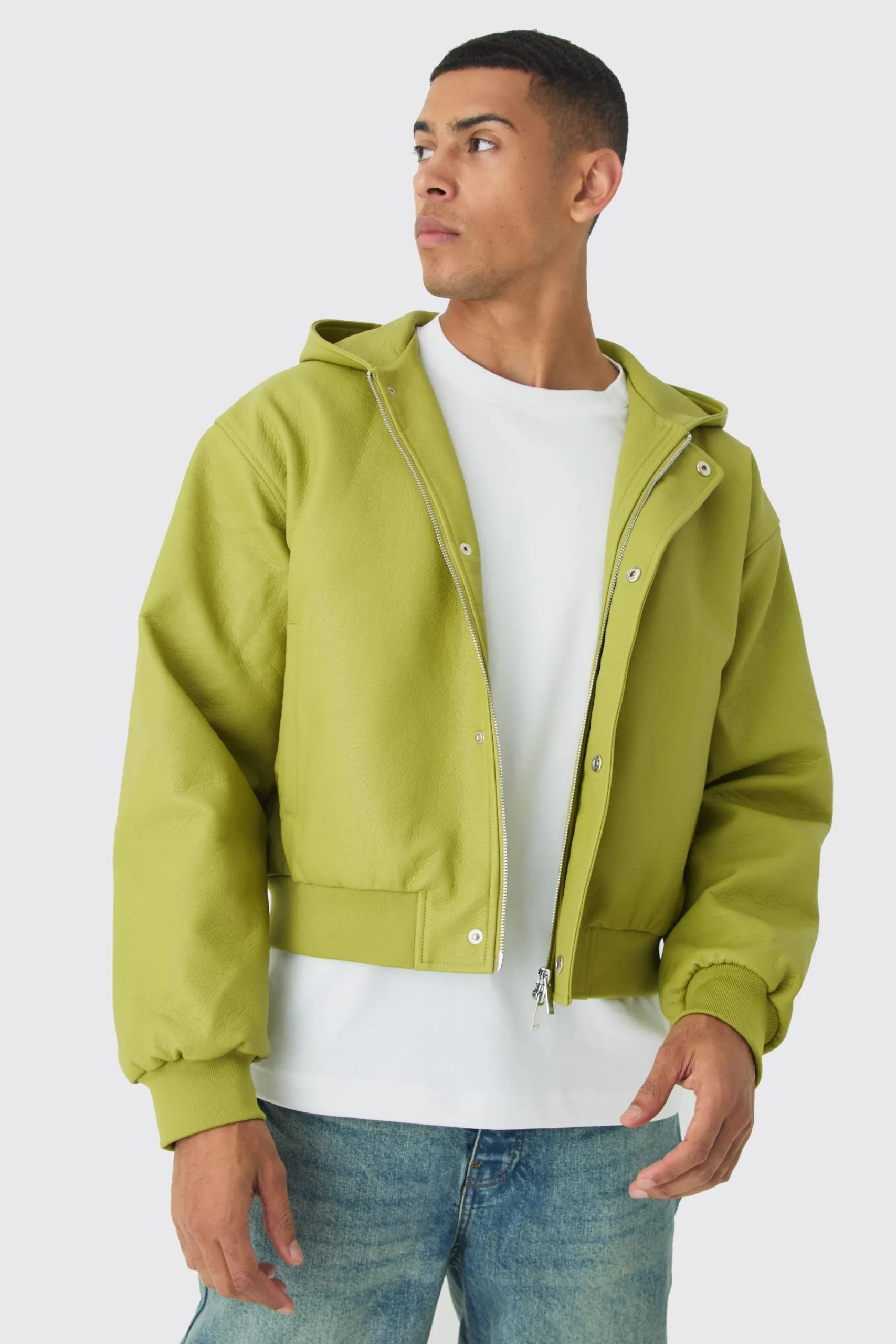 boohooMAN Boxy Hooded Pu Bomber Jacket In | UK| Coats & Jackets