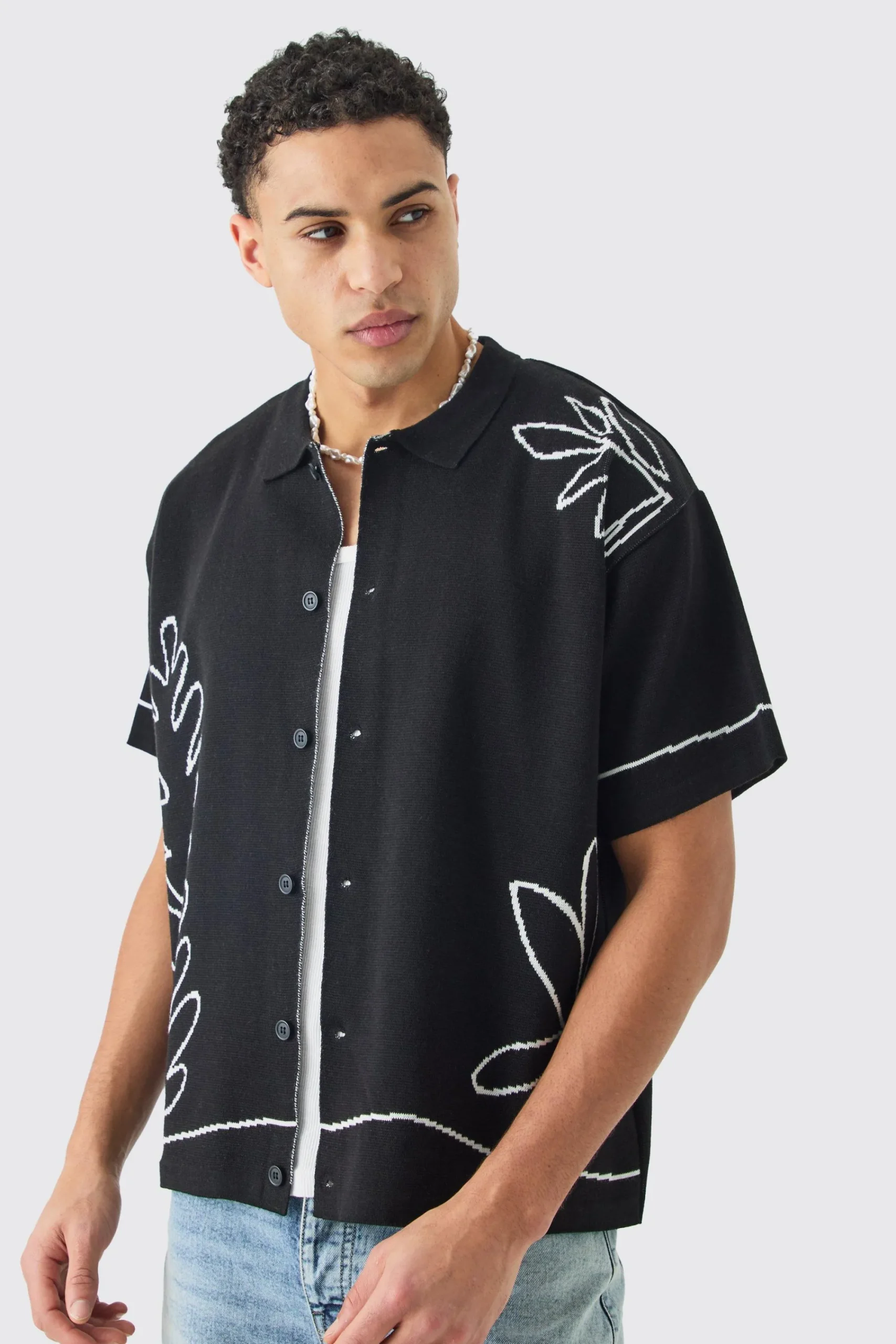 boohooMAN Boxy Jacquard Knit Abstract Detail Shirt In | UK| Shirts
