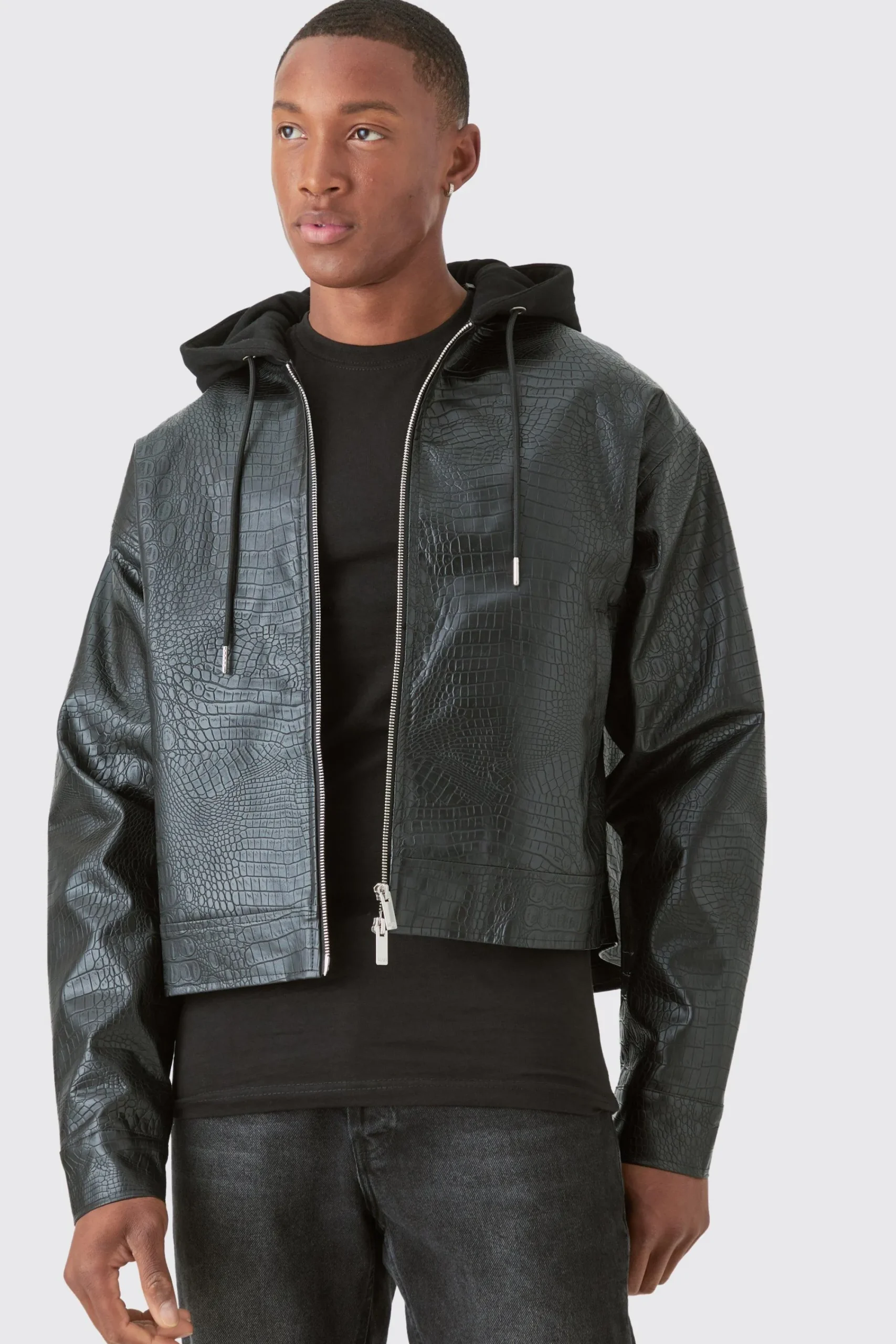 boohooMAN Boxy Jersey Hooded Pu Bomber Jacket In | UK| Coats & Jackets