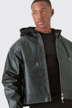 boohooMAN Boxy Jersey Hooded Pu Bomber Jacket In | UK| Coats & Jackets