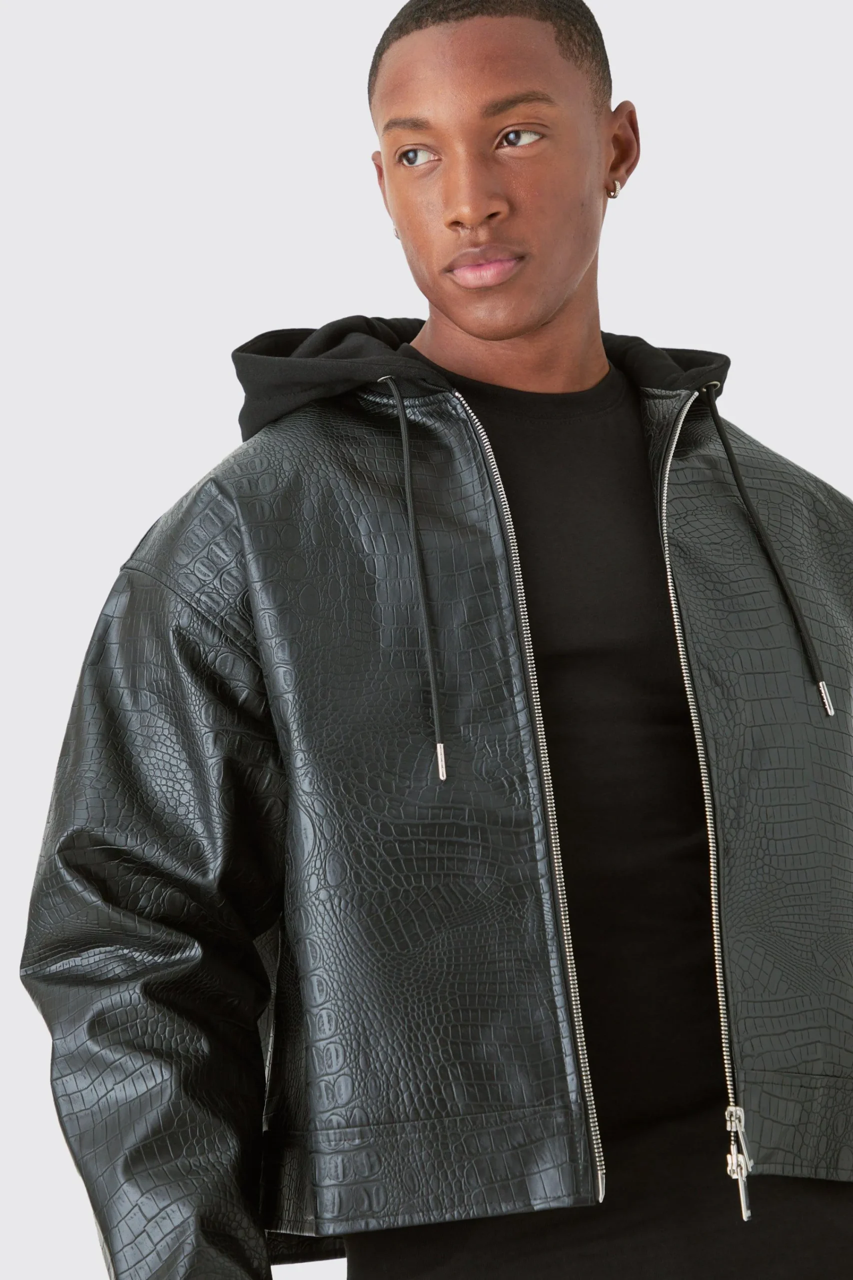 boohooMAN Boxy Jersey Hooded Pu Bomber Jacket In | UK| Coats & Jackets