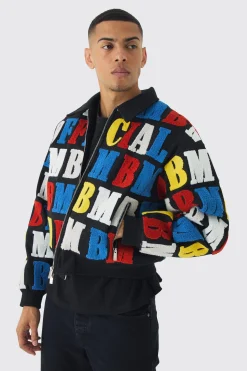 boohooMAN Boxy Letter Badge Collared Varsity Jacket In | UK| Coats & Jackets