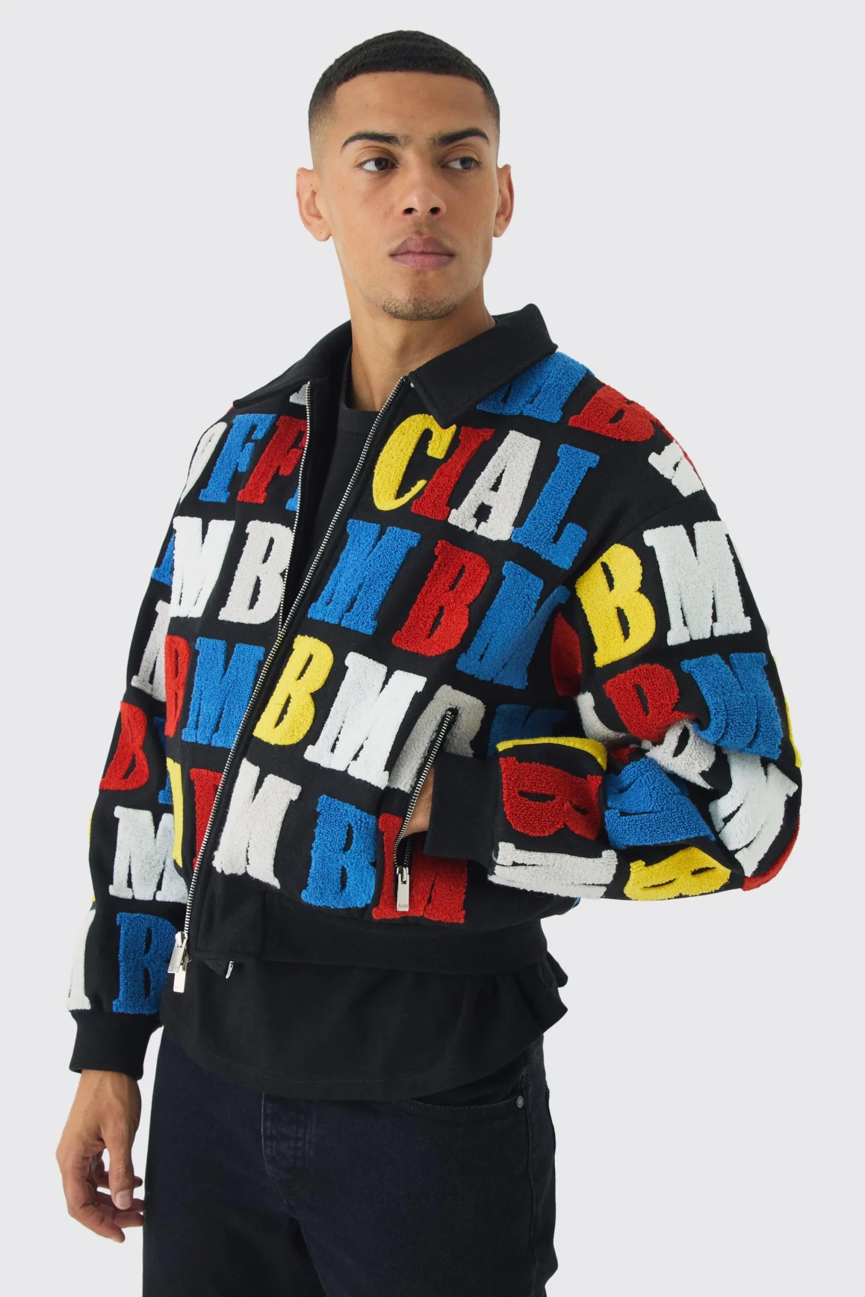boohooMAN Boxy Letter Badge Collared Varsity Jacket In | UK| Coats & Jackets
