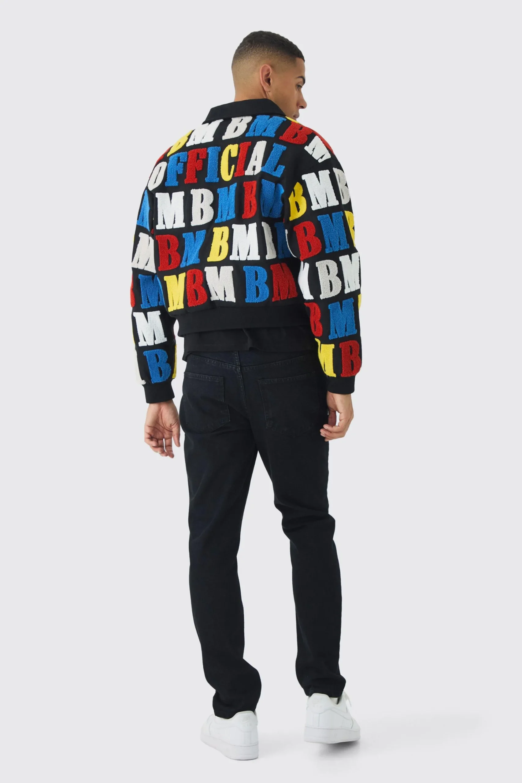 boohooMAN Boxy Letter Badge Collared Varsity Jacket In | UK| Coats & Jackets