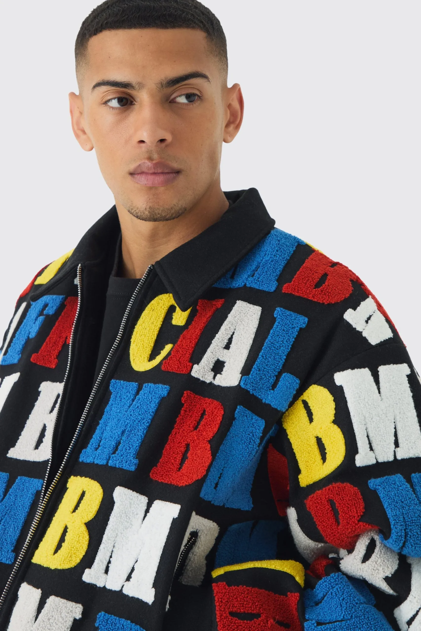 boohooMAN Boxy Letter Badge Collared Varsity Jacket In | UK| Coats & Jackets