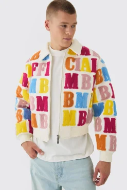boohooMAN Boxy Letter Badge Collared Varsity Jacket In | UK| Coats & Jackets