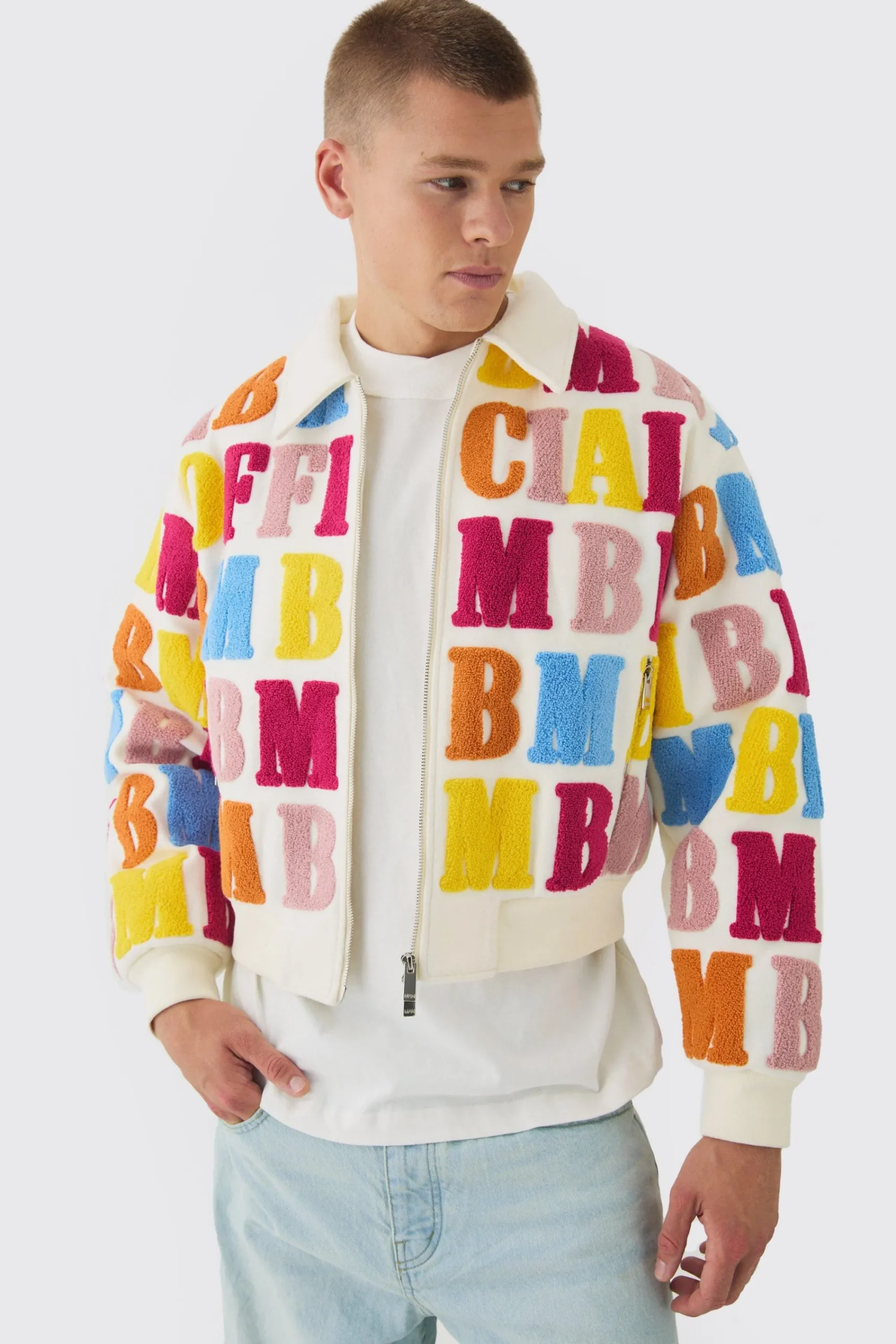 boohooMAN Boxy Letter Badge Collared Varsity Jacket In | UK| Coats & Jackets