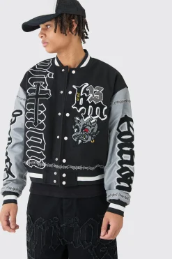 boohooMAN Boxy Limited Badge Pu Sleeve Varsity Jacket In | UK| Coats & Jackets