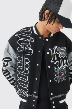 boohooMAN Boxy Limited Badge Pu Sleeve Varsity Jacket In | UK| Coats & Jackets