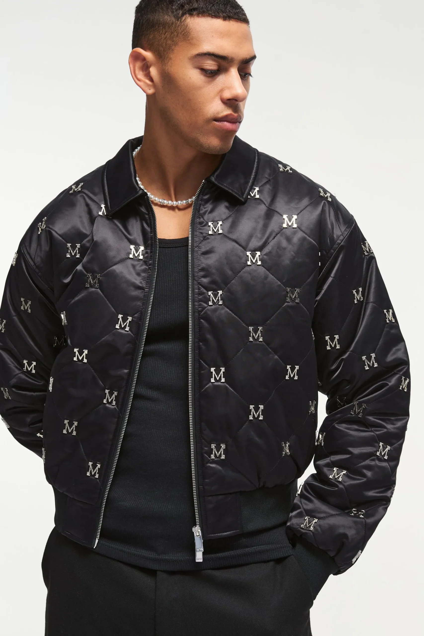 boohooMAN Boxy M Embellished Satin Bomber Jacket In | UK| Coats & Jackets