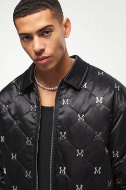 boohooMAN Boxy M Embellished Satin Bomber Jacket In | UK| Coats & Jackets