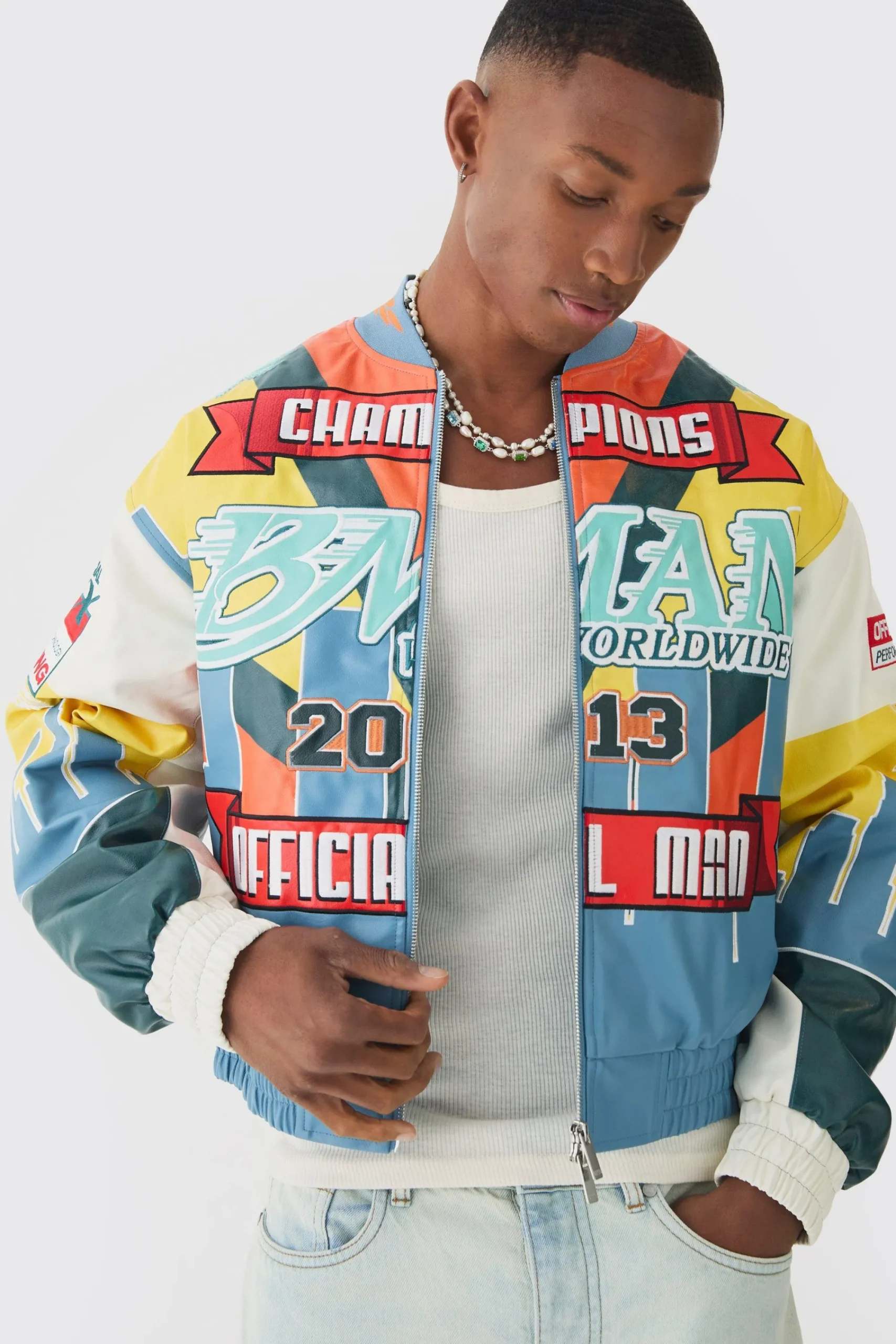 boohooMAN Boxy Man Dice Embroidered PU Bomber Jacket In Black | UK| Coats & Jackets