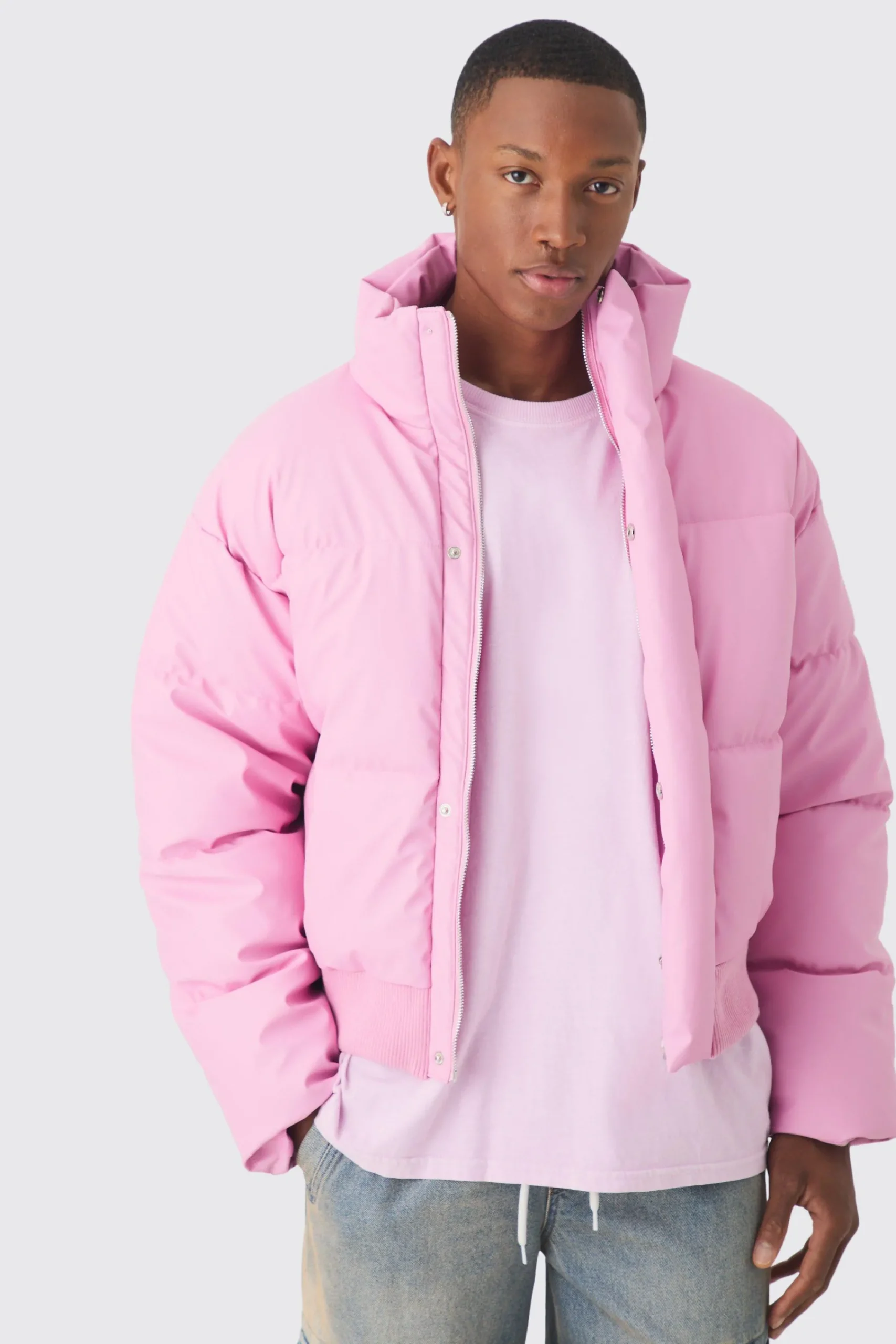 boohooMAN Boxy Matte Pu Funnel Neck Puffer In | UK| Coats & Jackets