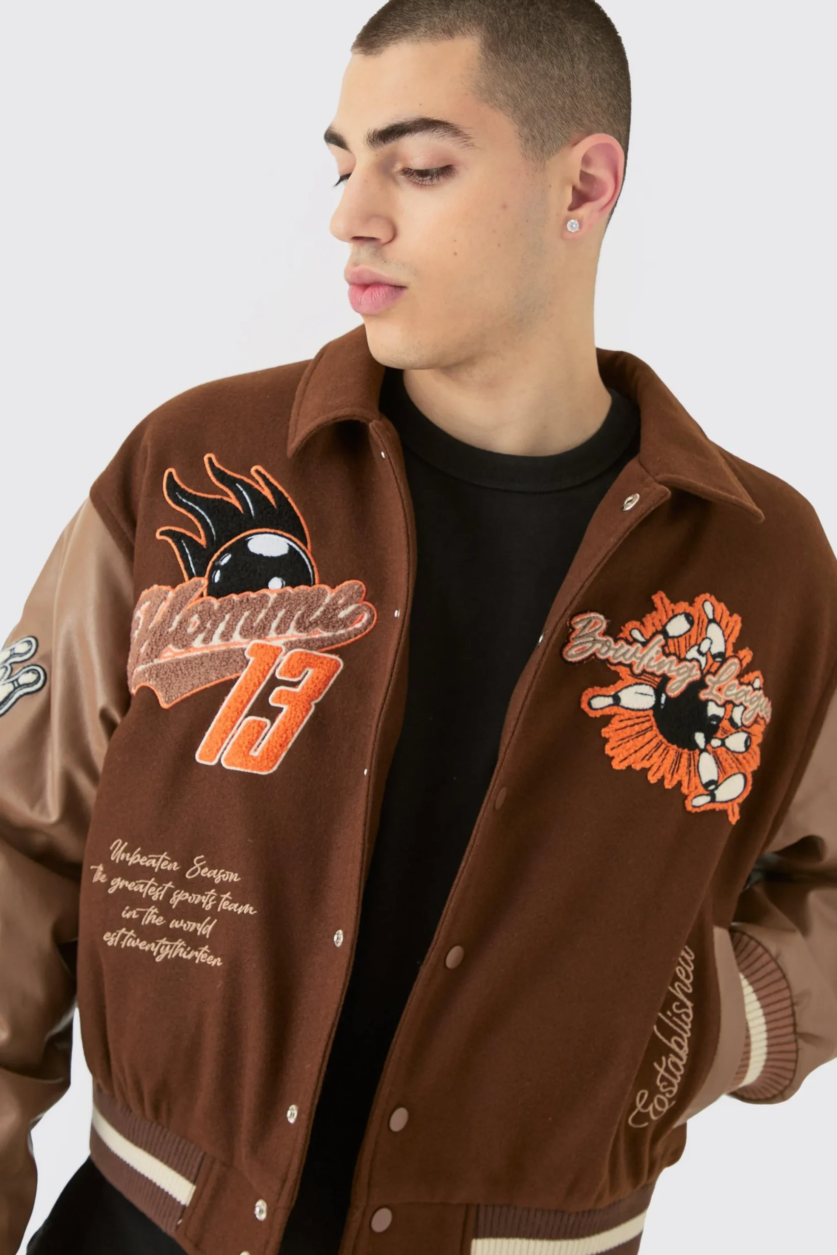 boohooMAN Boxy Melton & Pu Collared Varsity Jacket | UK| Coats & Jackets