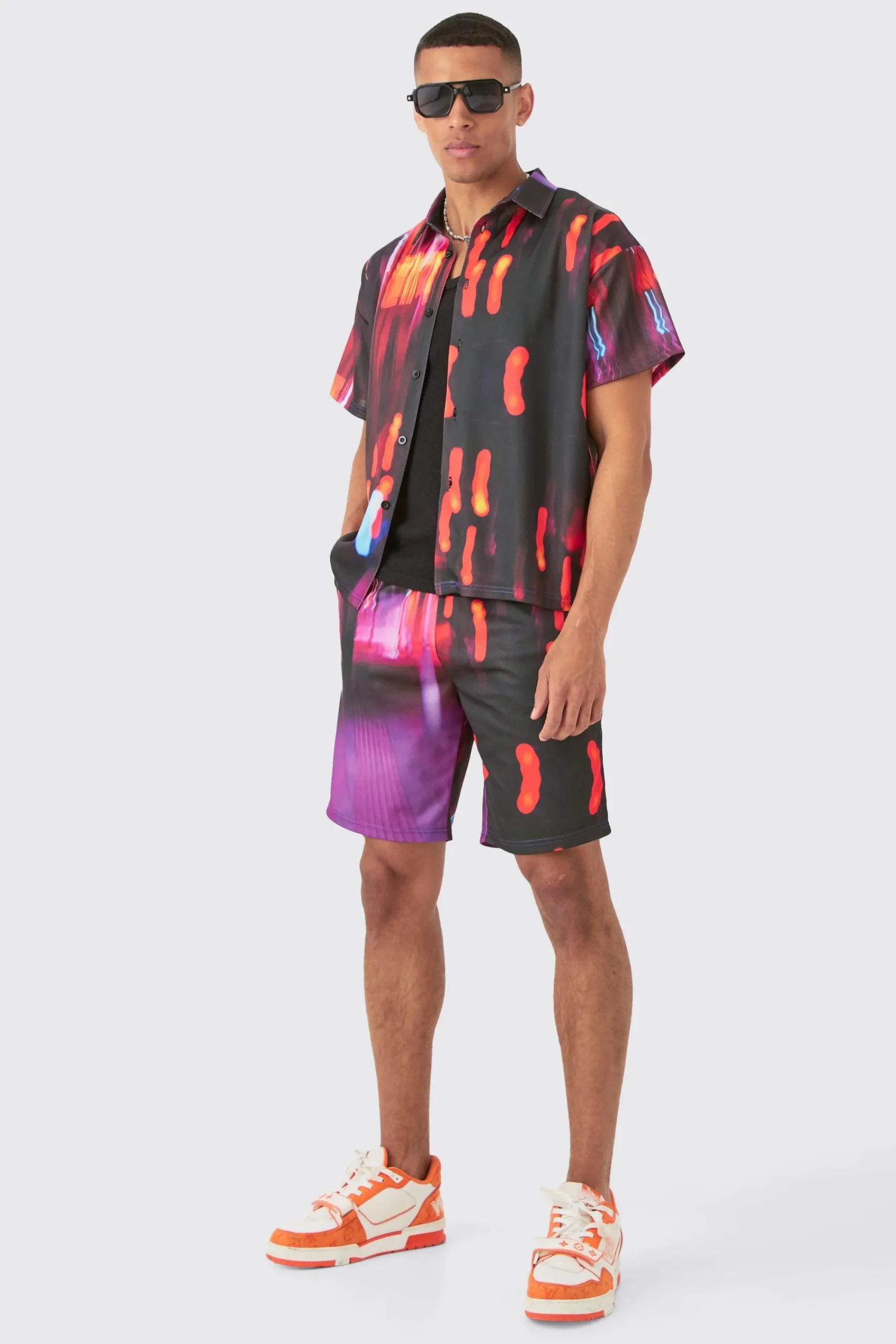 boohooMAN Boxy Mesh Glitch Shirt & Short | UK| Sets & Co-Ords