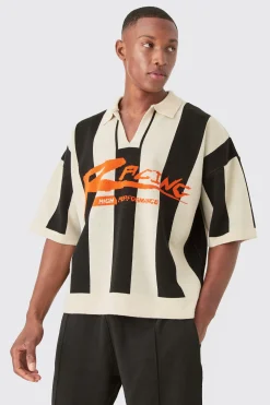 boohooMAN Boxy Moto Stripe Knitted Polo | UK| Knitwear