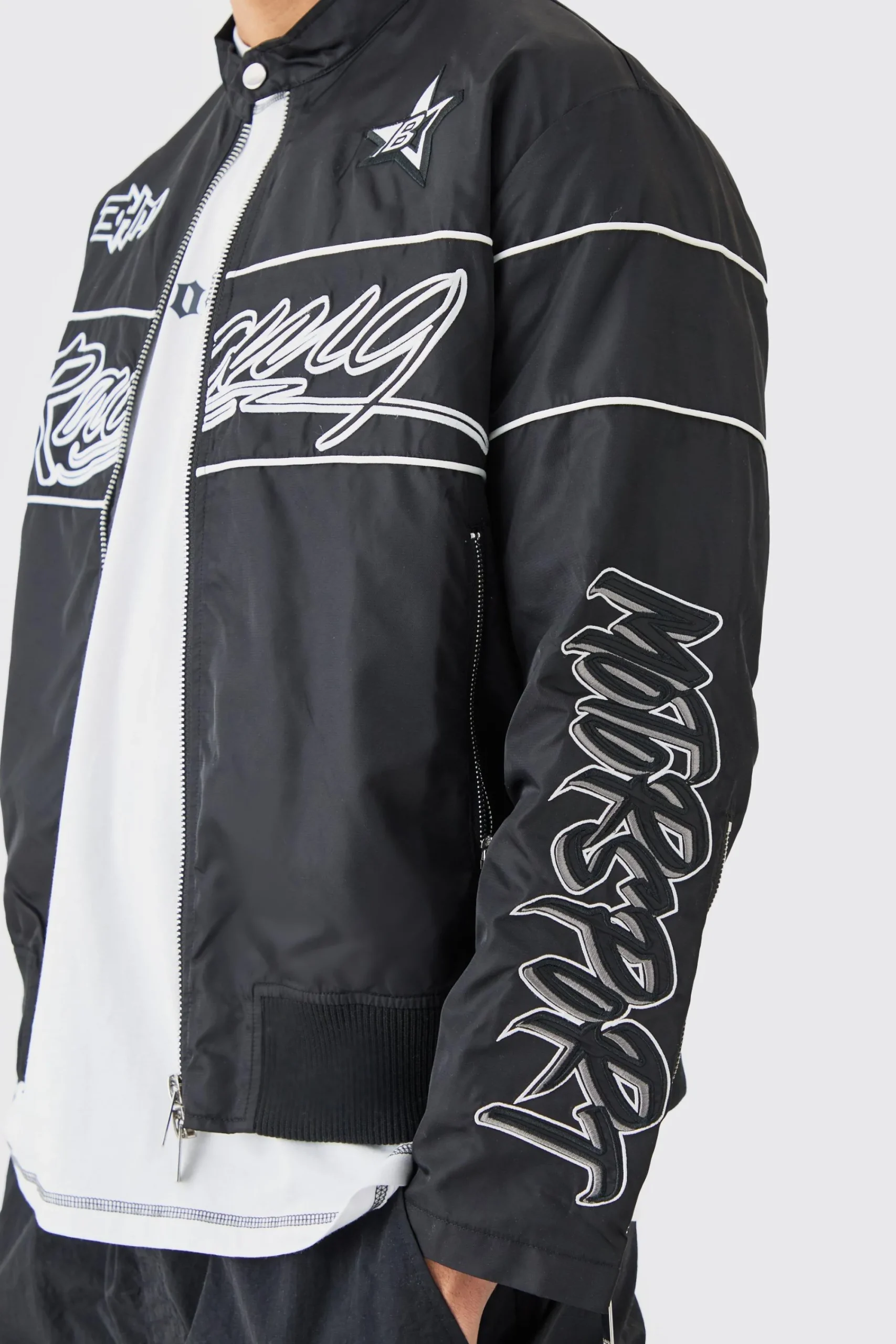 boohooMAN Boxy Nylon Collarless Moto Jacket | UK| Coats & Jackets