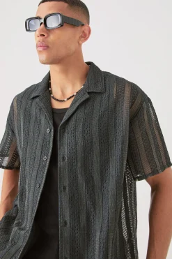 boohooMAN Boxy Open Lace Stripe Shirt | UK| Shirts