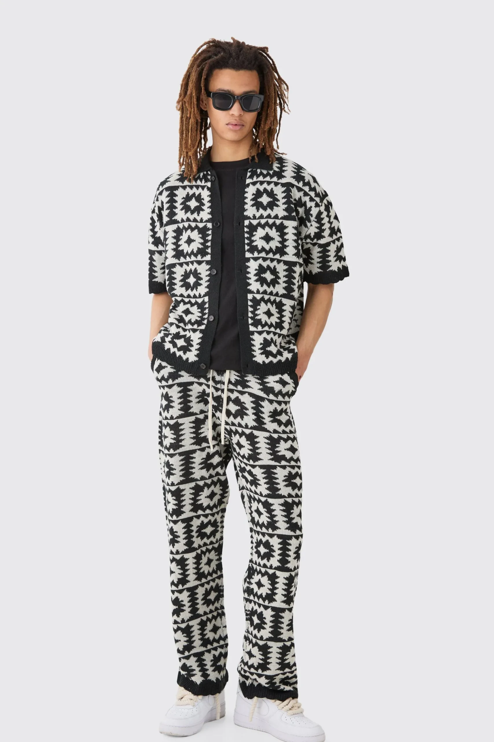 boohooMAN Boxy Open Stitch Crochet Polo Trouser Knitted Set | UK| Trousers|Sets & Co-Ords