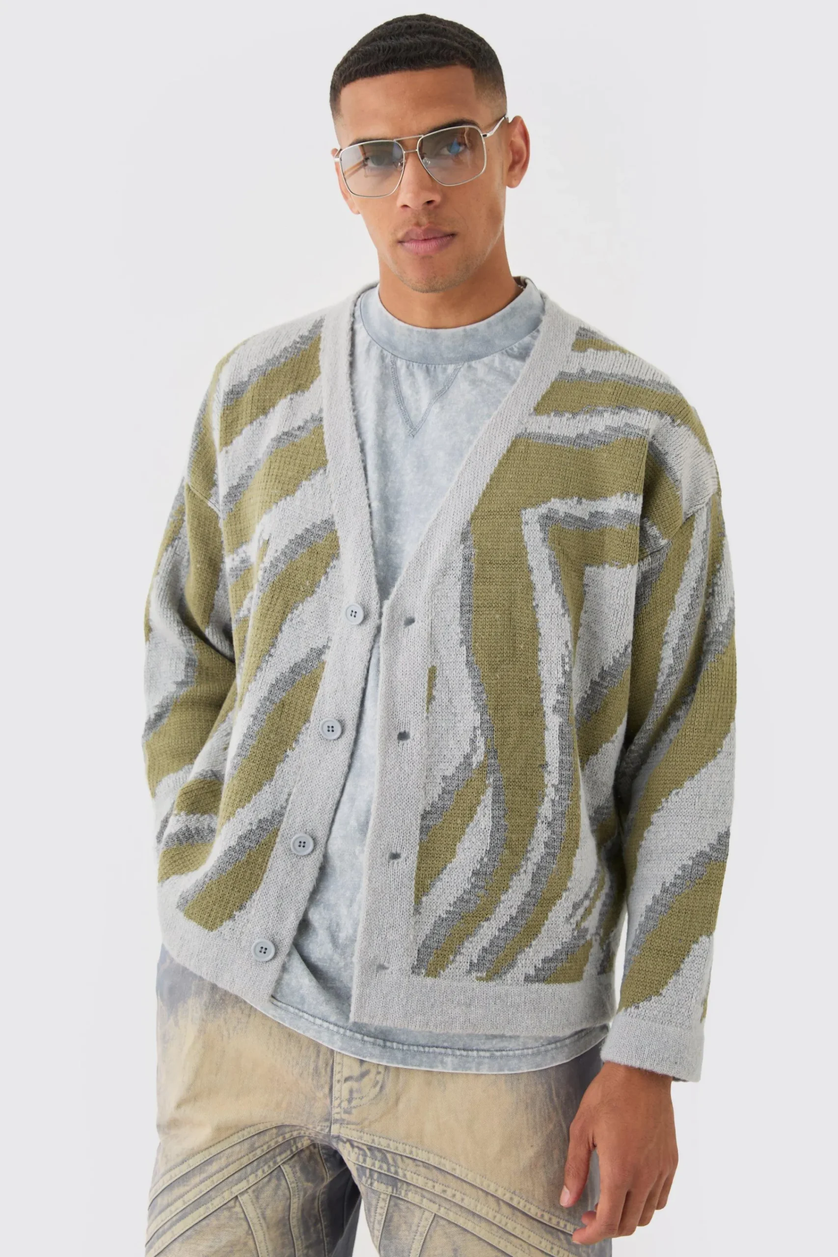 boohooMAN Boxy Oversized Brushed Abstract All Over Cardigan | UK| Knitwear