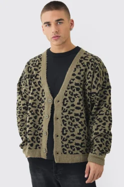 boohooMAN Boxy Oversized Brushed Leopard All Over Cardigan | UK| Knitwear