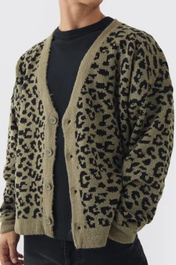 boohooMAN Boxy Oversized Brushed Leopard All Over Cardigan | UK| Knitwear