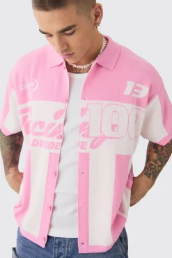 boohooMAN Boxy Oversized Moto Racing Stripe Knitted Shirt | UK| Shirts