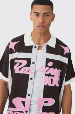 boohooMAN Boxy Oversized Moto Racing Knitted Shirt | UK| Shirts